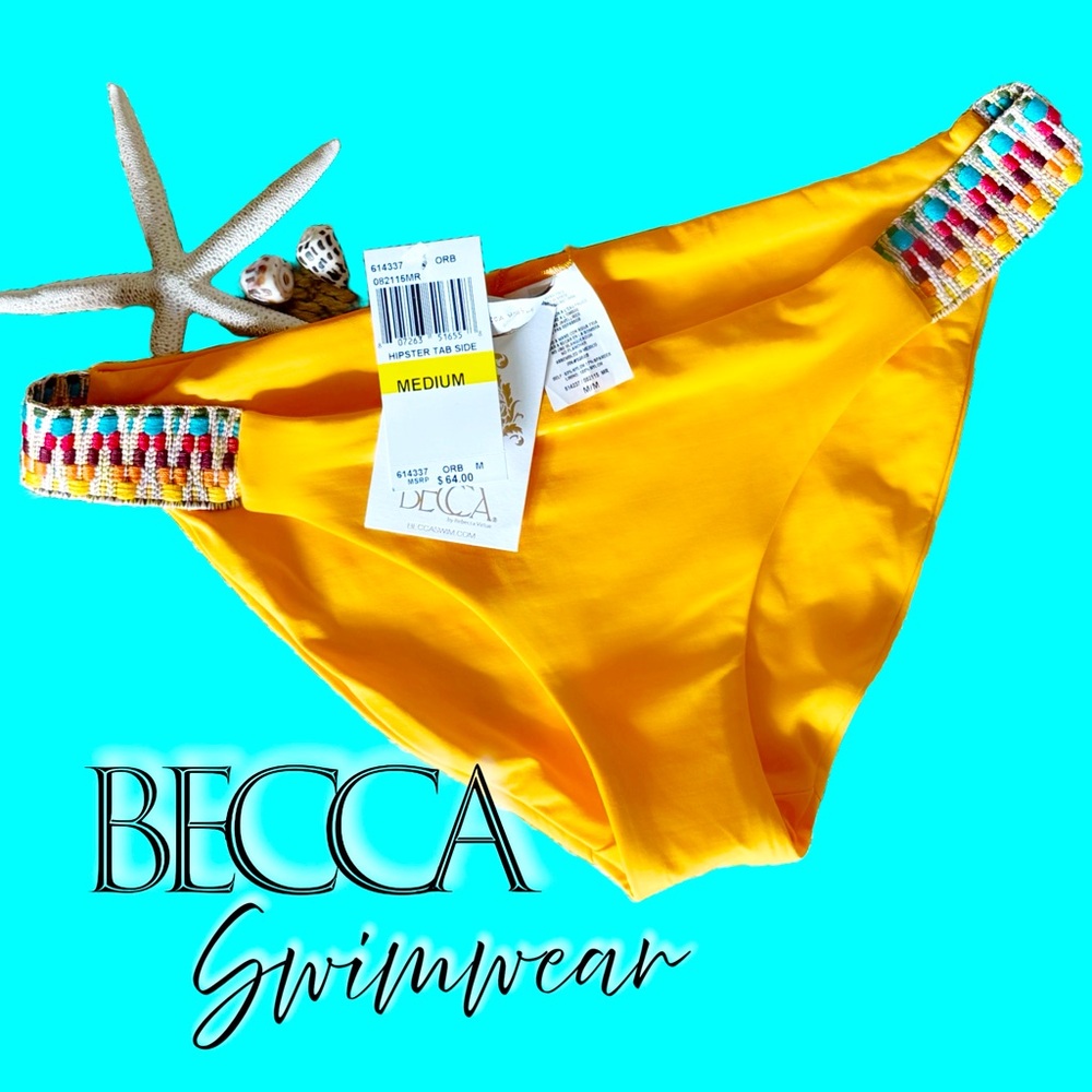 BECCA Yellow Bikini Bottom with Multicolor Beaded Straps